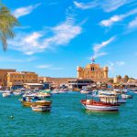 Alexandria harbour, boats near Qaitbay fort, point of the famous lighthouse, Egypt